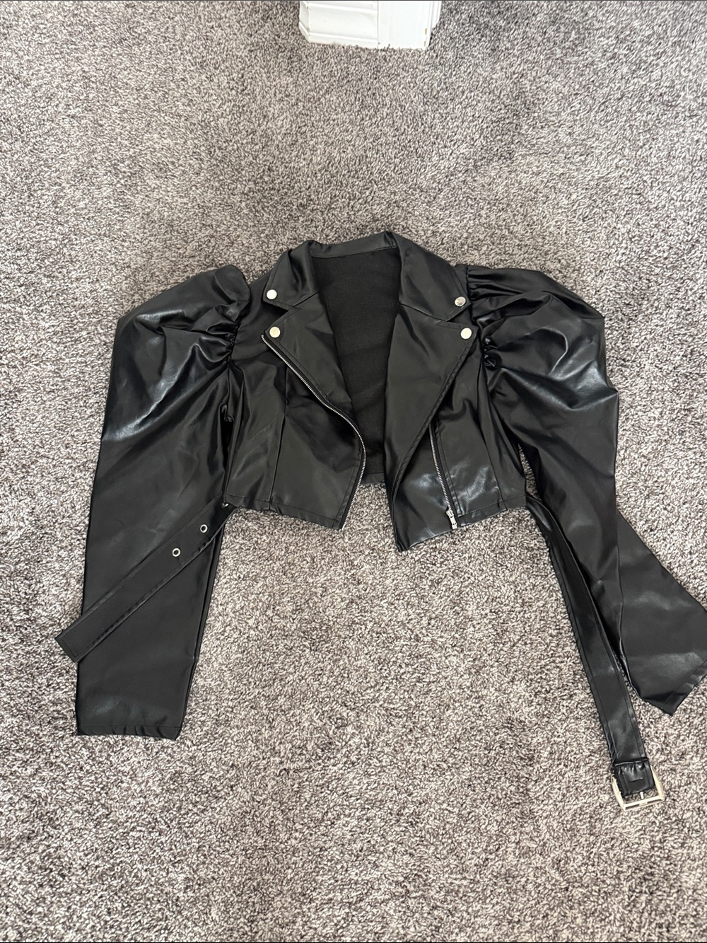 Black Faux Leather Puff Sleeve Moto Jacket